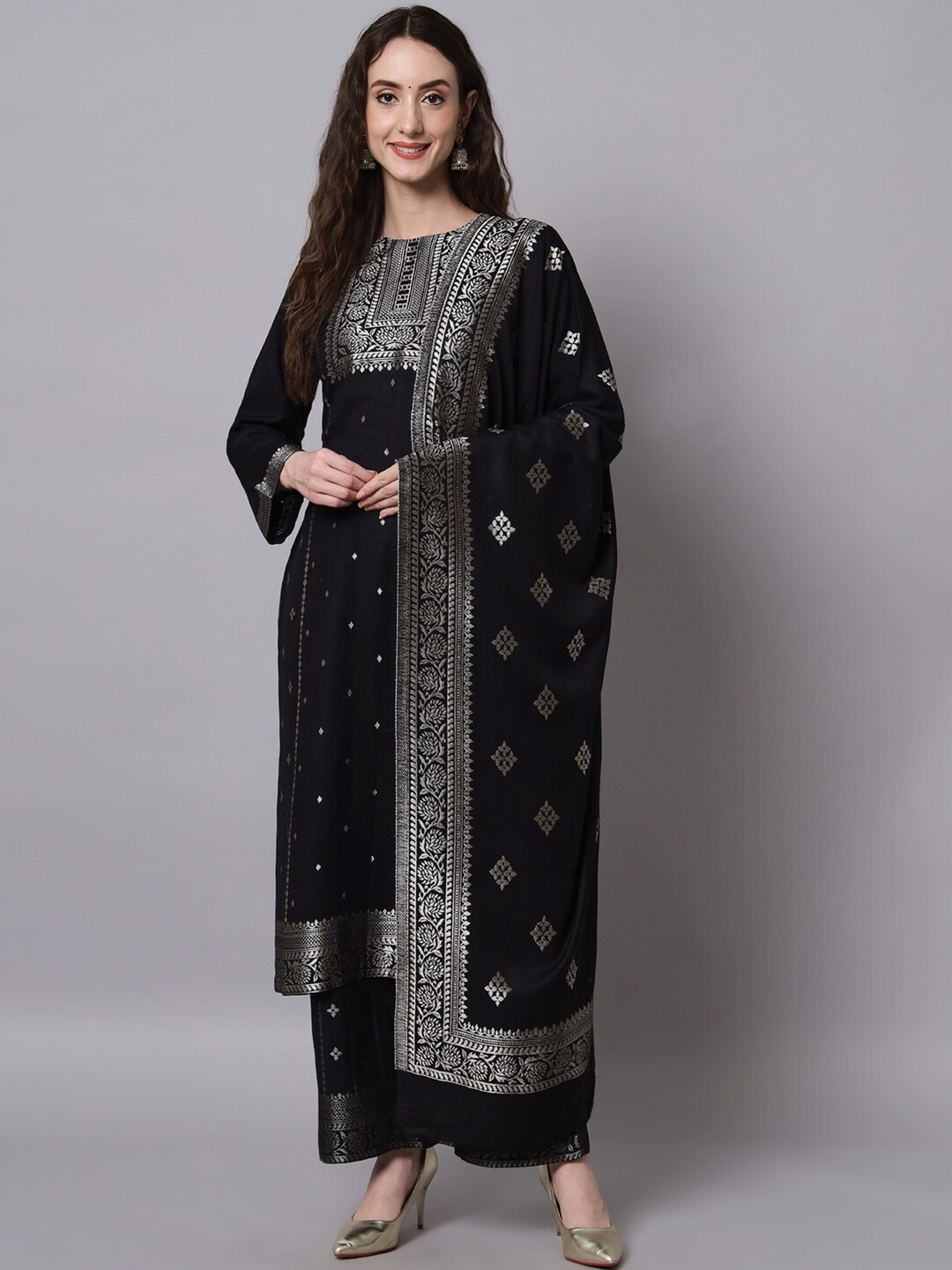 

Safaa Black & Silver-Toned Viscose Rayon Unstitched Dress Material and Dupatta