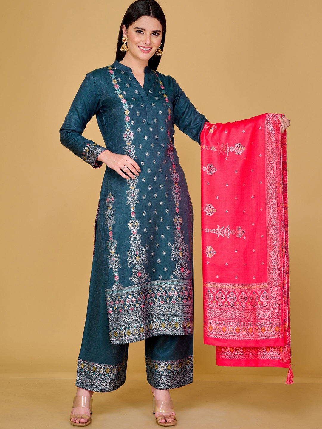 

Safaa Women Teal & Silver-Toned Woven Design Unstitched Dress Material
