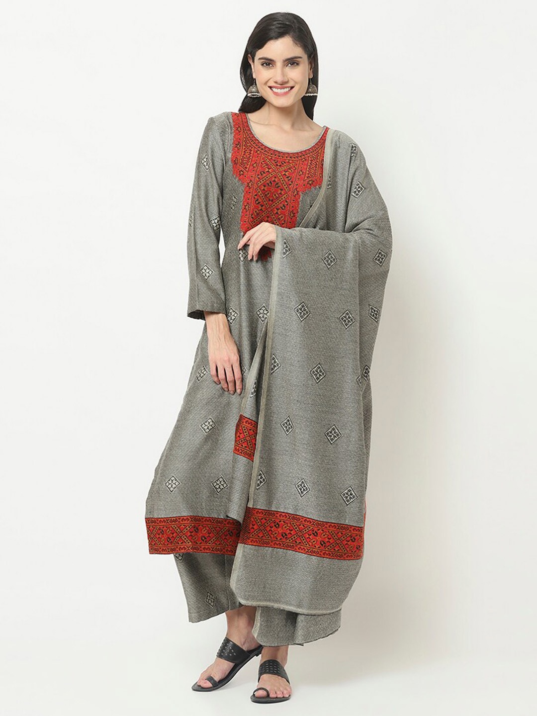 

Safaa Women Grey & Red Woven Design Unstitched Dress Material