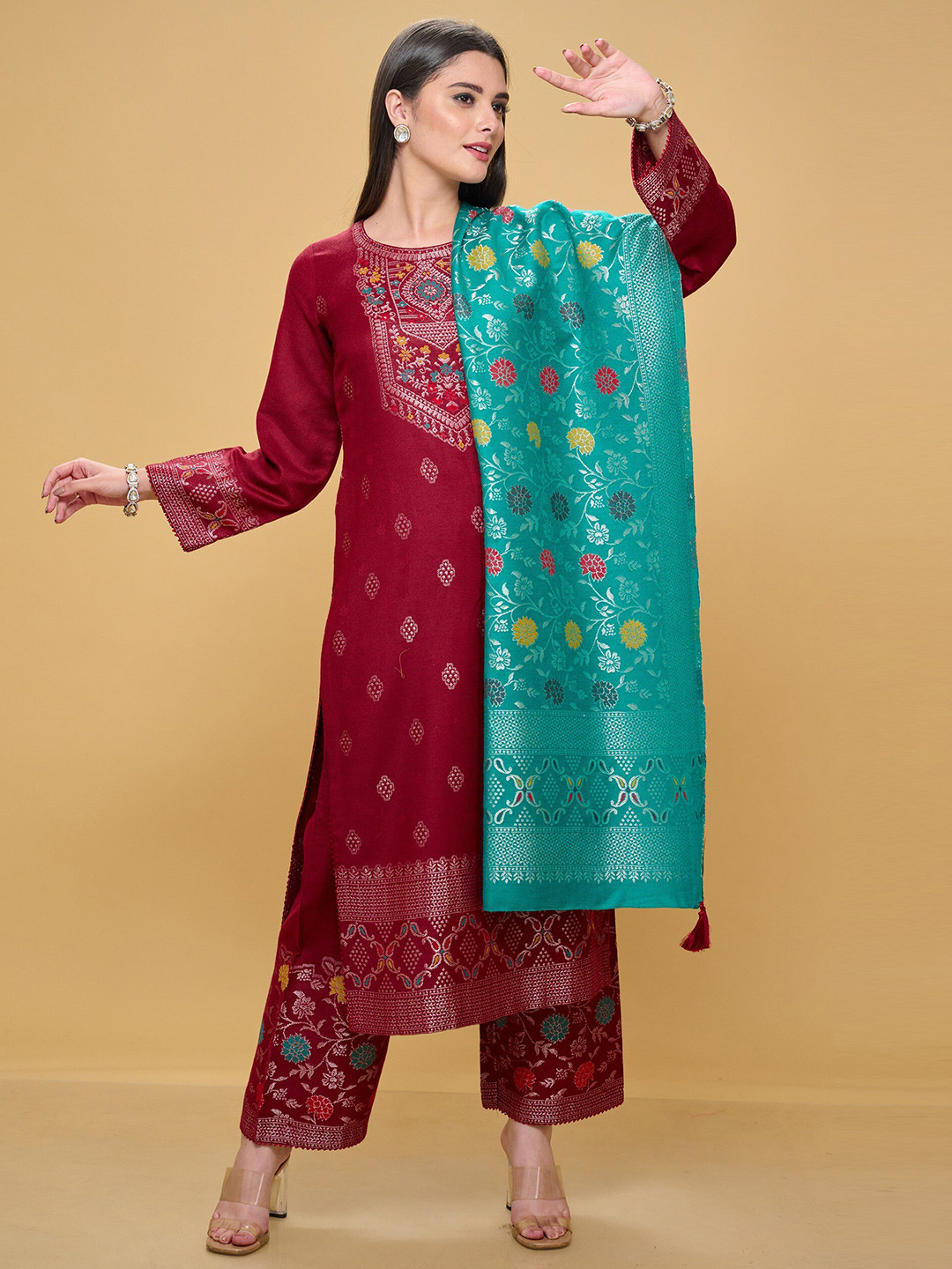 

Safaa Women Maroon & Blue Woven Design Unstitched Dress Material
