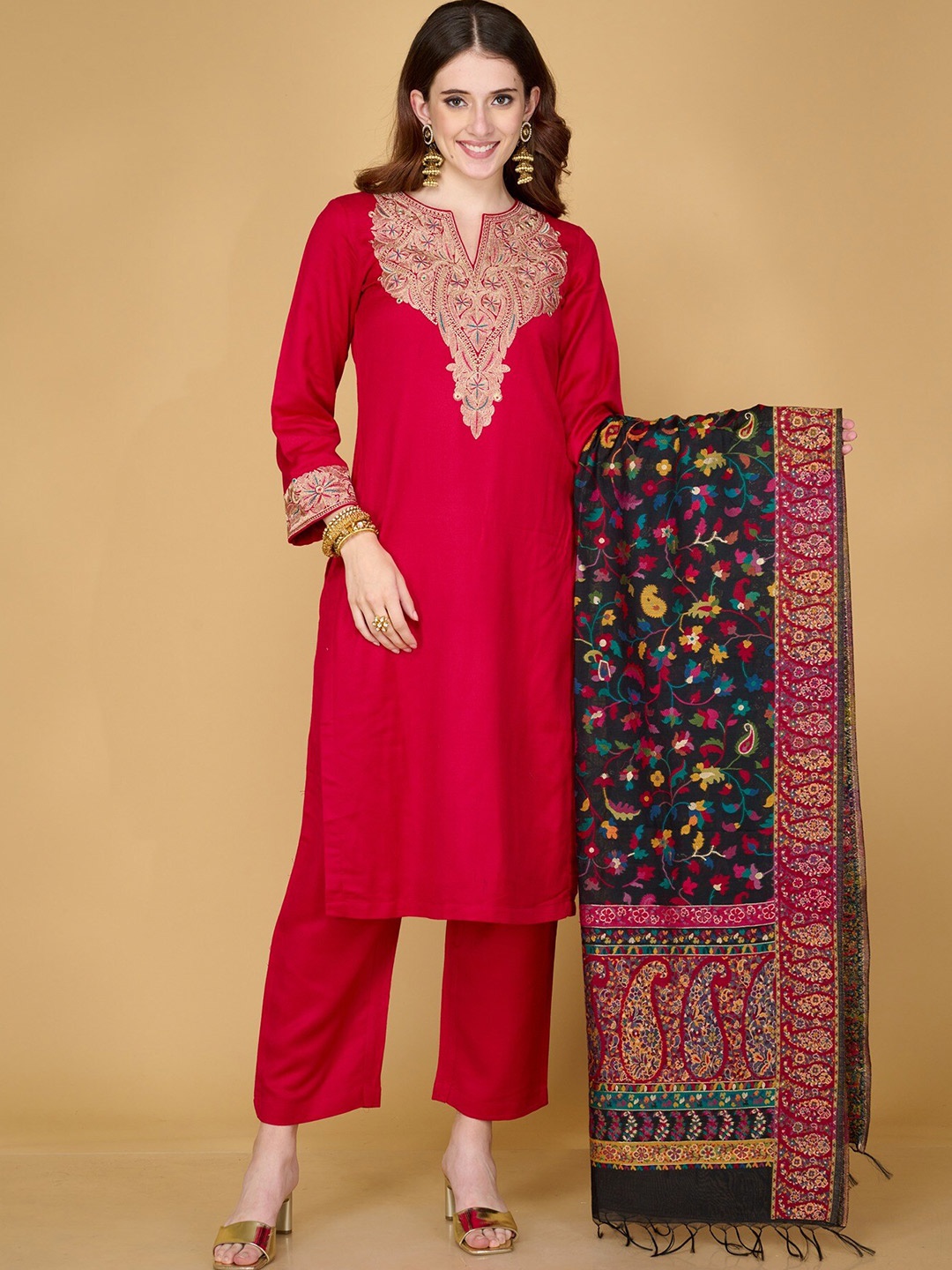 

Safaa Red & Black Woven Design Unstitched Dress Material With Katan silk Dupatta