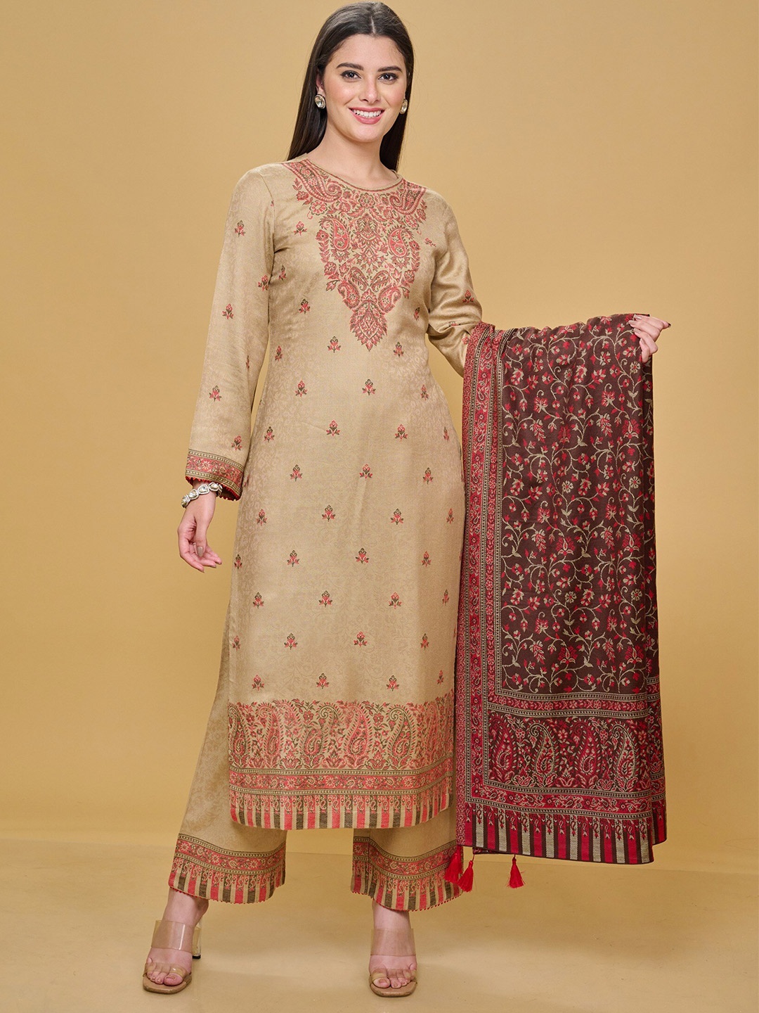

Safaa Women Beige & Purple Woven Design Unstitched Dress Material
