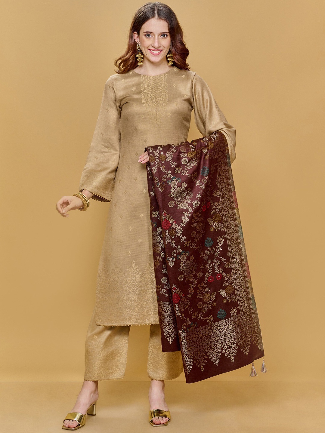 Safaa Women Beige & Brown Floral Woven Design Unstitched Dress Material