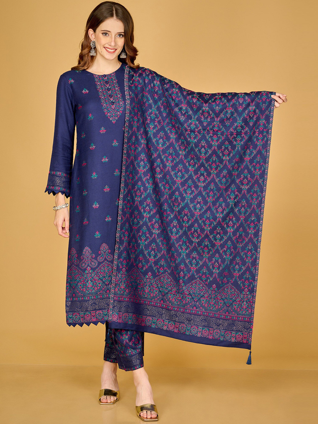 

Safaa Women Navy Blue & Red Floral Woven Design Unstitched Dress Material