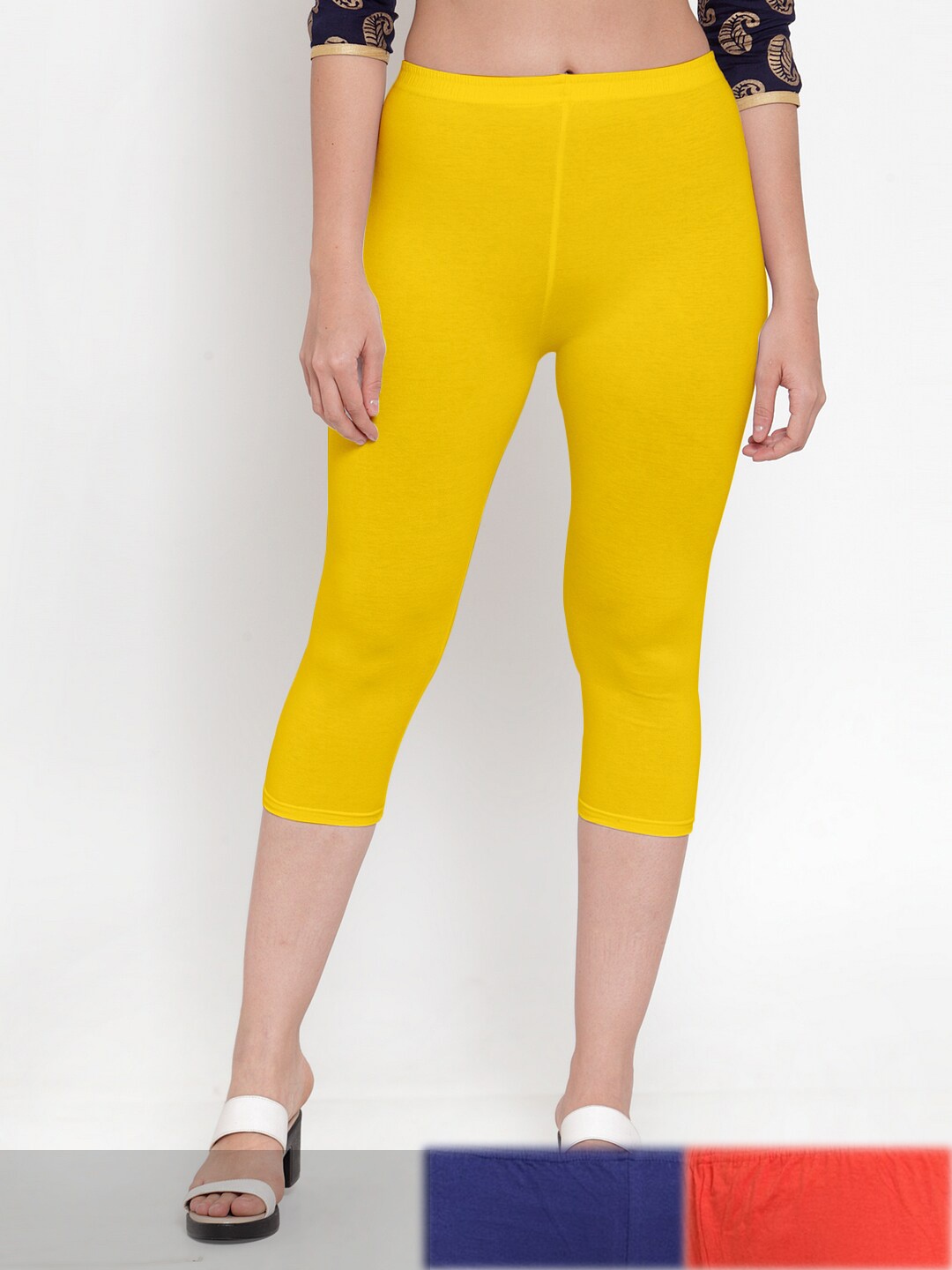 Jinfo Women Blue & Yellow Pack of 3 Cotton Capris