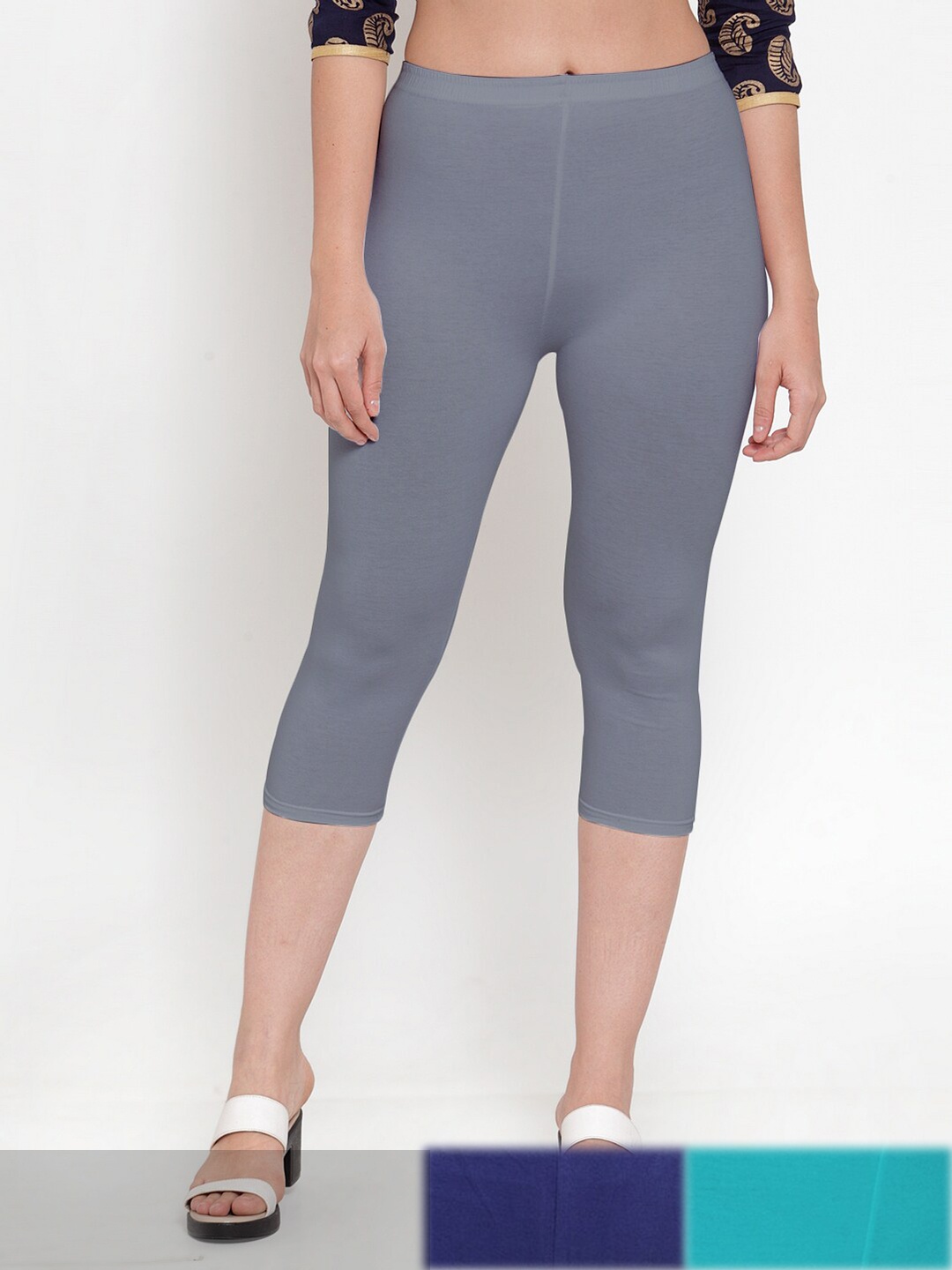 Jinfo Women Grey & Blue Pack of 3 Cotton Capris
