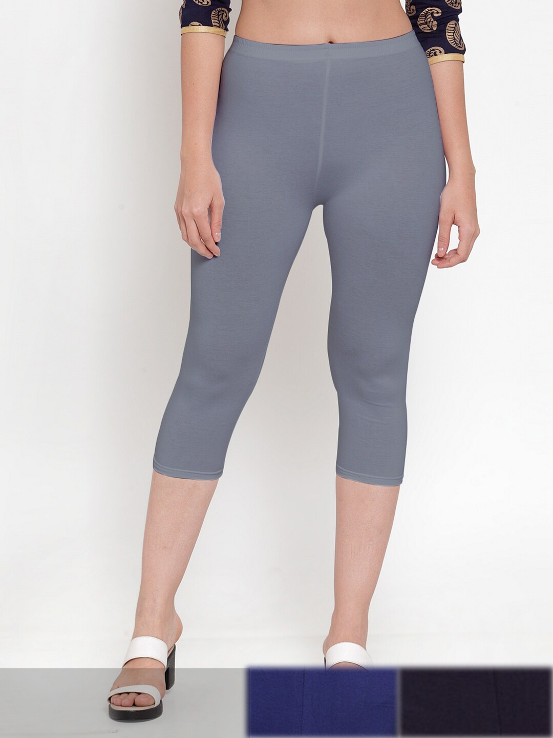 Jinfo Women Grey & Blue Pack of 3 Cotton Capris