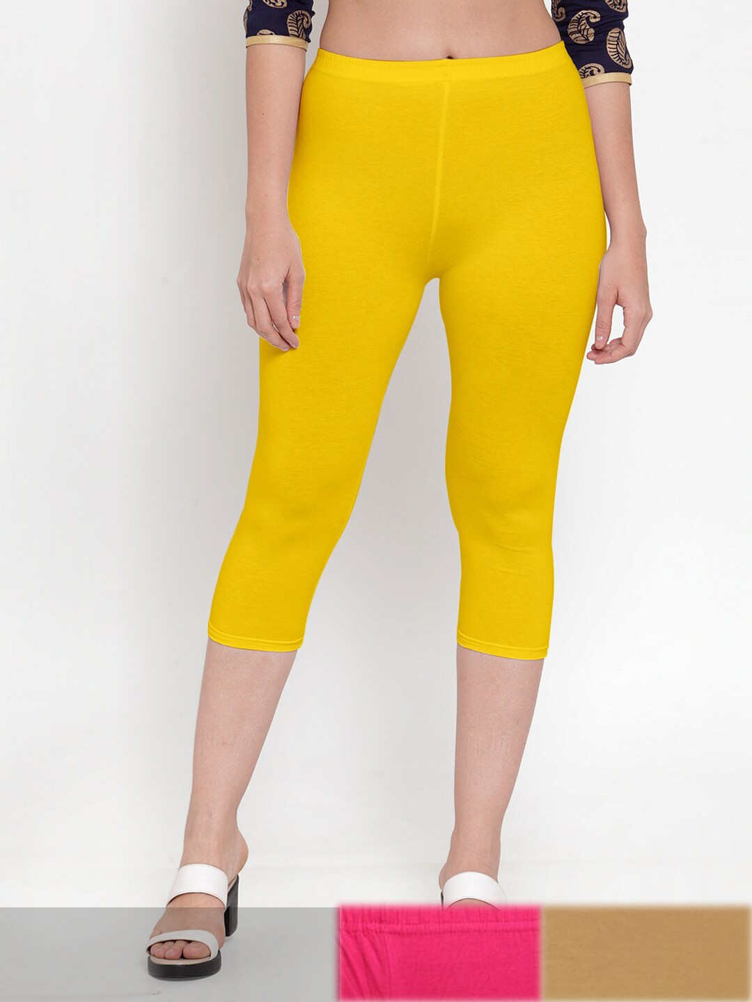 

Jinfo Women Yellow & Magenta Pack of 3 Cotton Capris