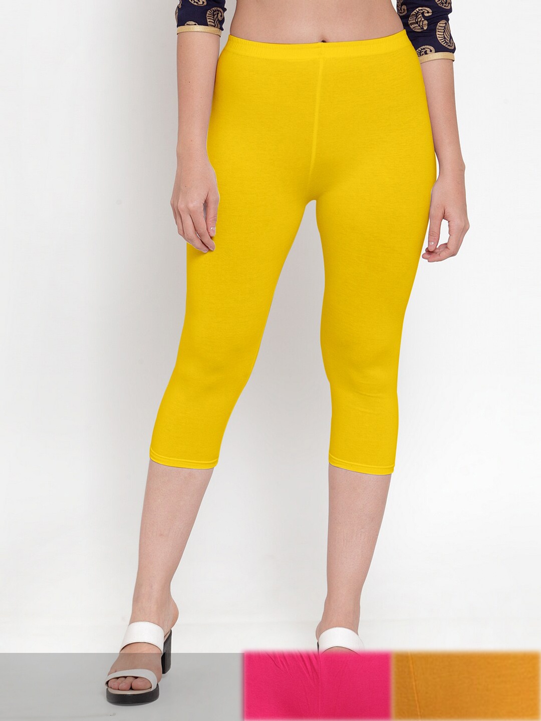 

Jinfo Women Yellow & Pink Pack of 3 Cotton Capris