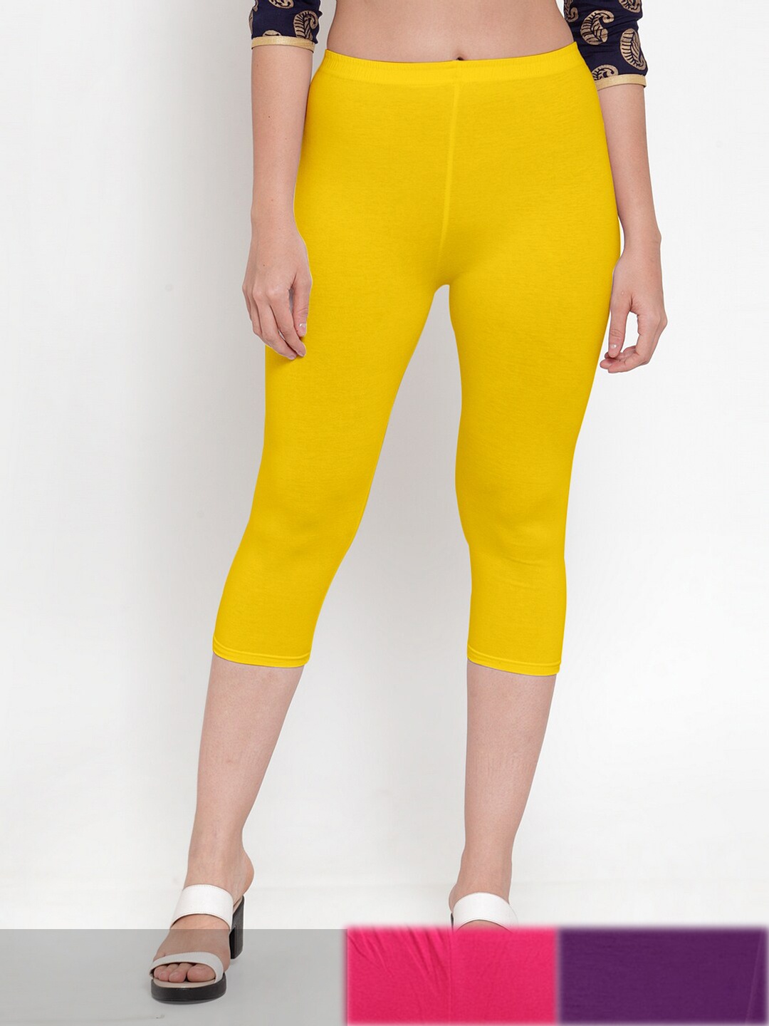 Jinfo Women Yellow & Pink Pack of 3 Cotton Capris