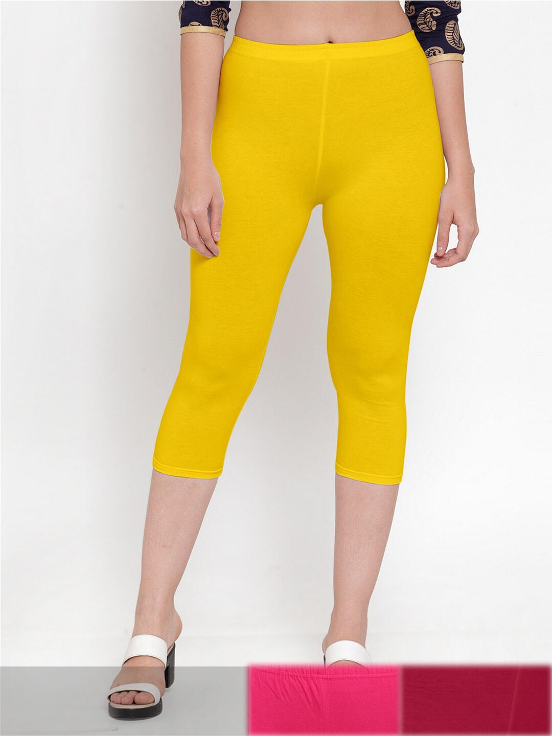 

Jinfo Women Yellow & Pink Pack of 3 Cotton Capris
