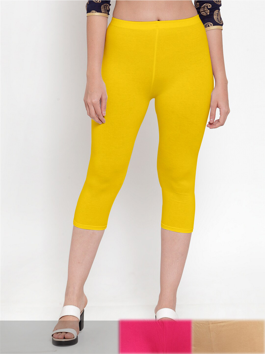 

Jinfo Women Yellow & Pink Pack of 3 Cotton Capris