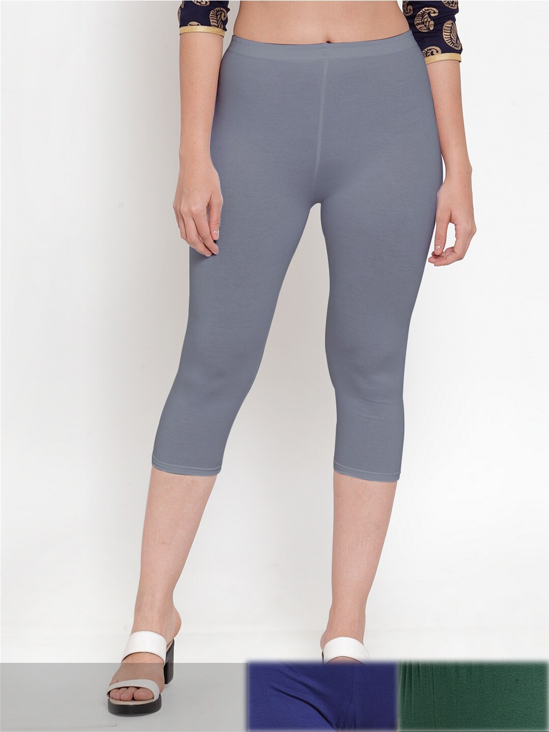 

Jinfo Women Grey & Blue Pack of 3 Cotton Capris