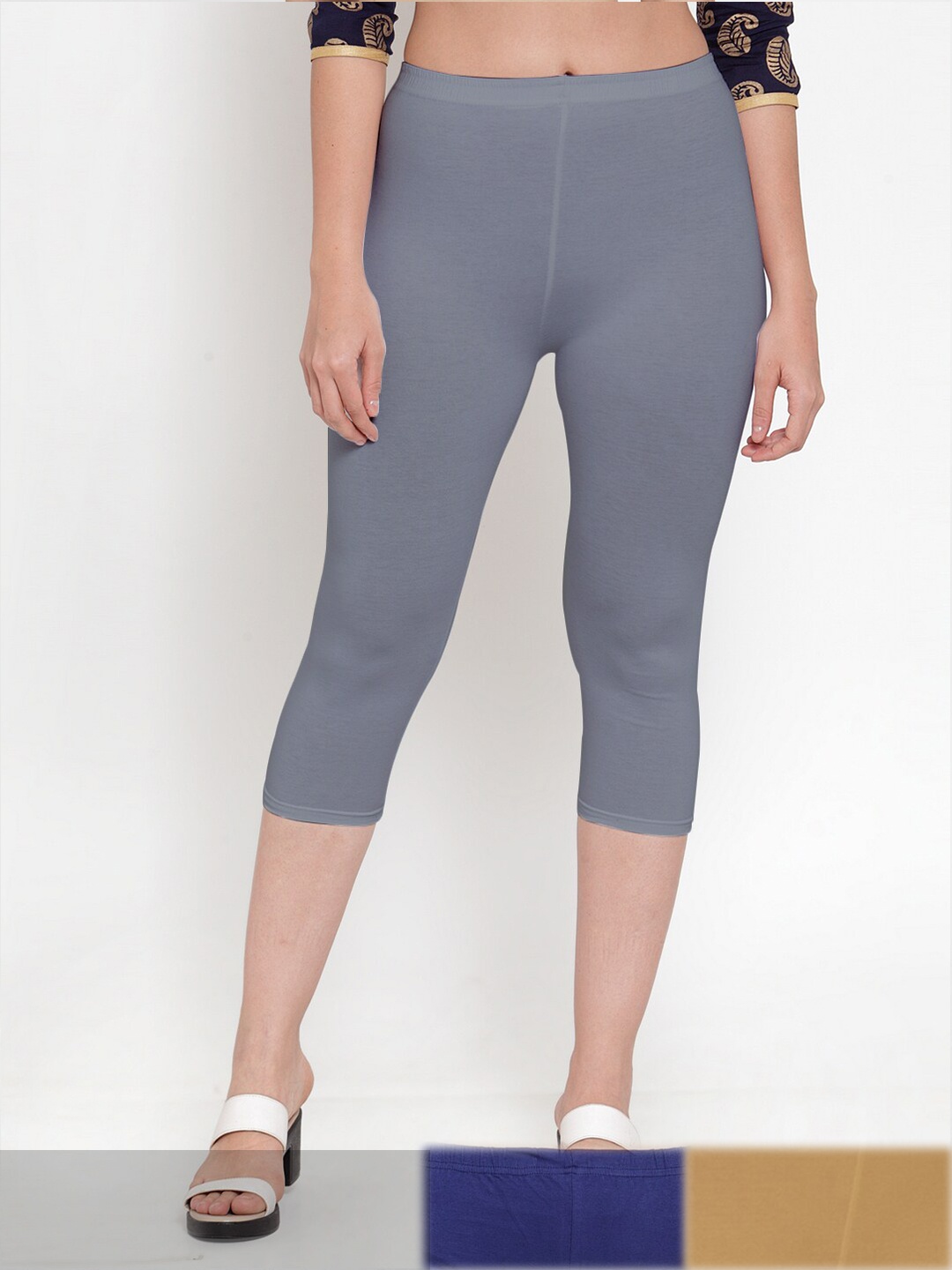 

Jinfo Women Grey & Blue Pack of 3 Cotton Capris