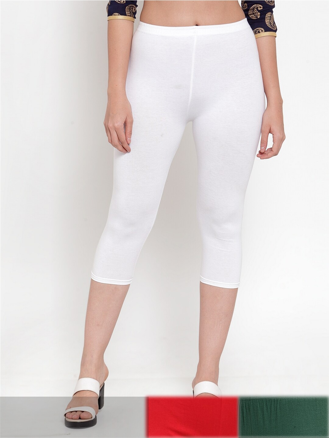

Jinfo Women White & Red Pack of 3 Cotton Solid Capris
