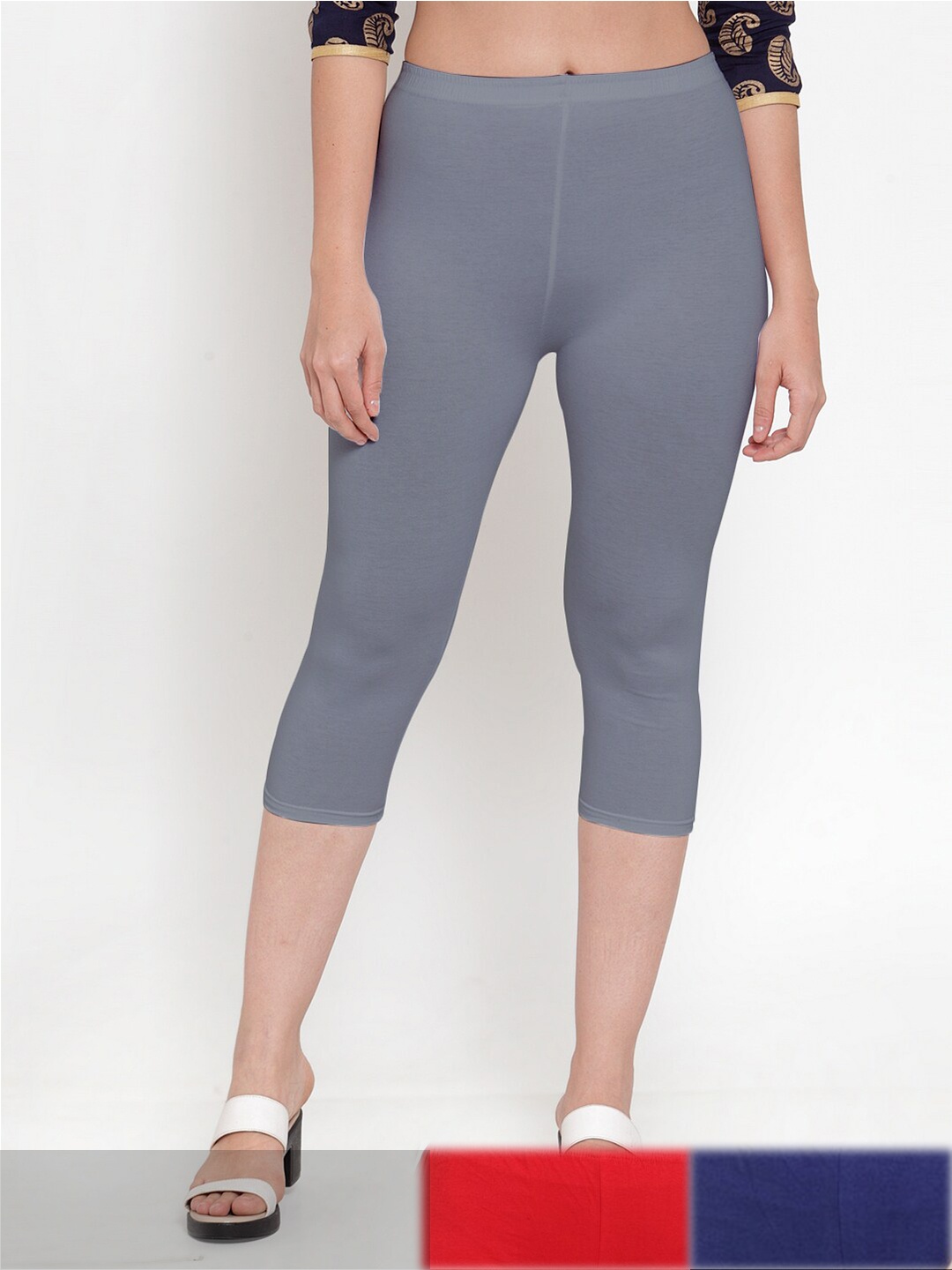 Jinfo Women Red & Grey Pack of 3 Cotton Capris