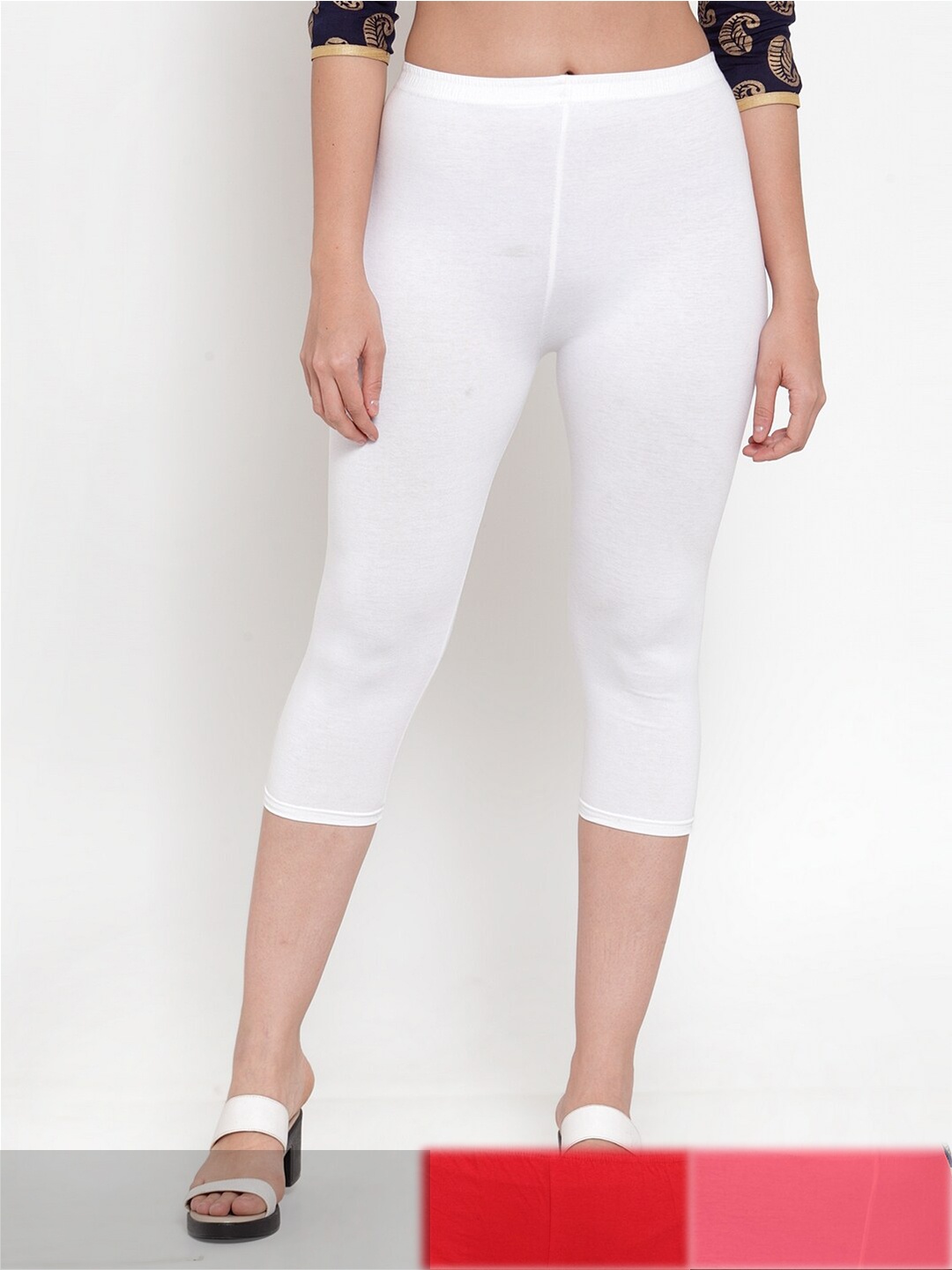 

Jinfo Women White & Red Pack of 3 Cotton Capris
