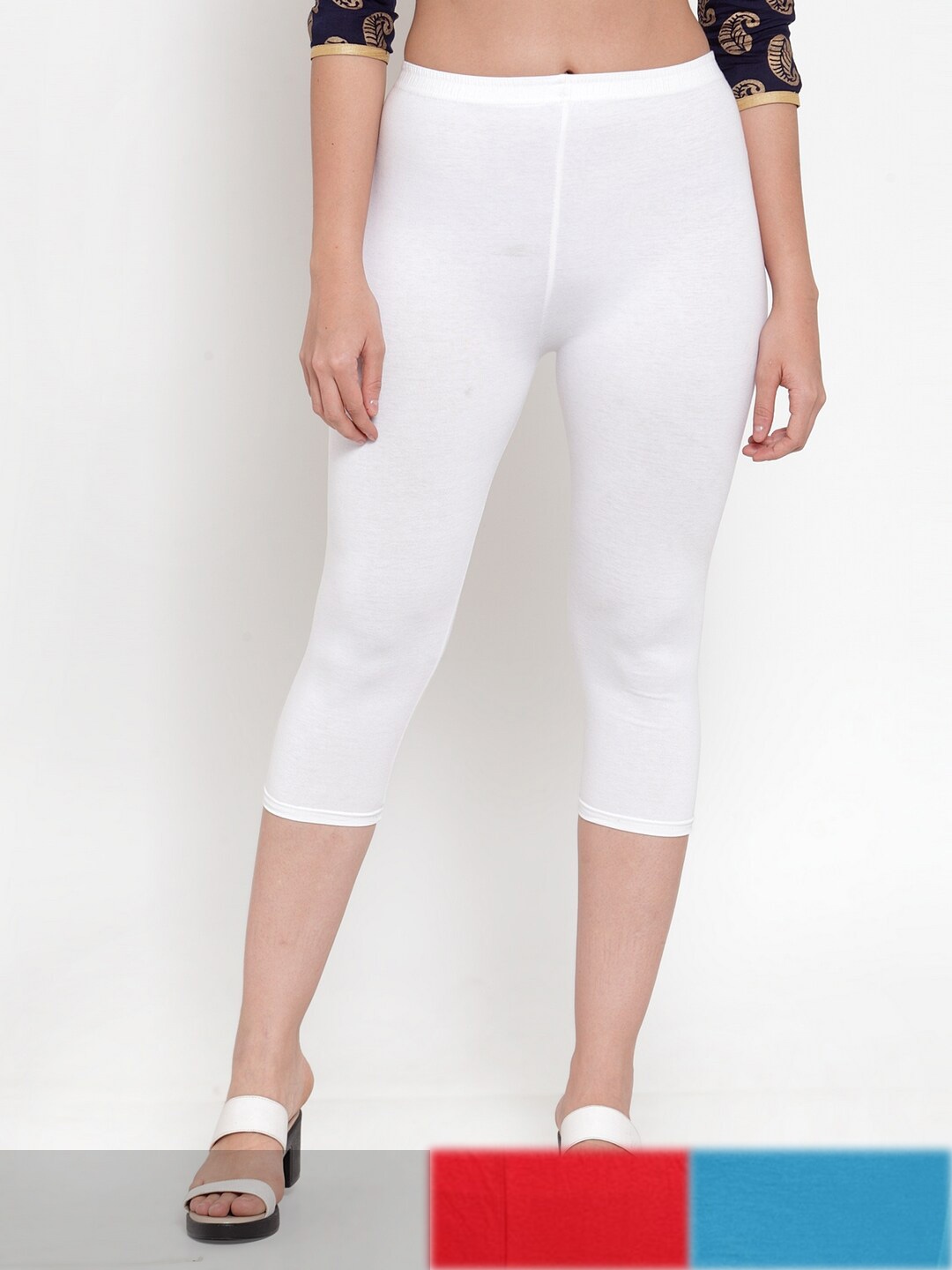 

Jinfo Women White & Red Pack of 3 Cotton Capris