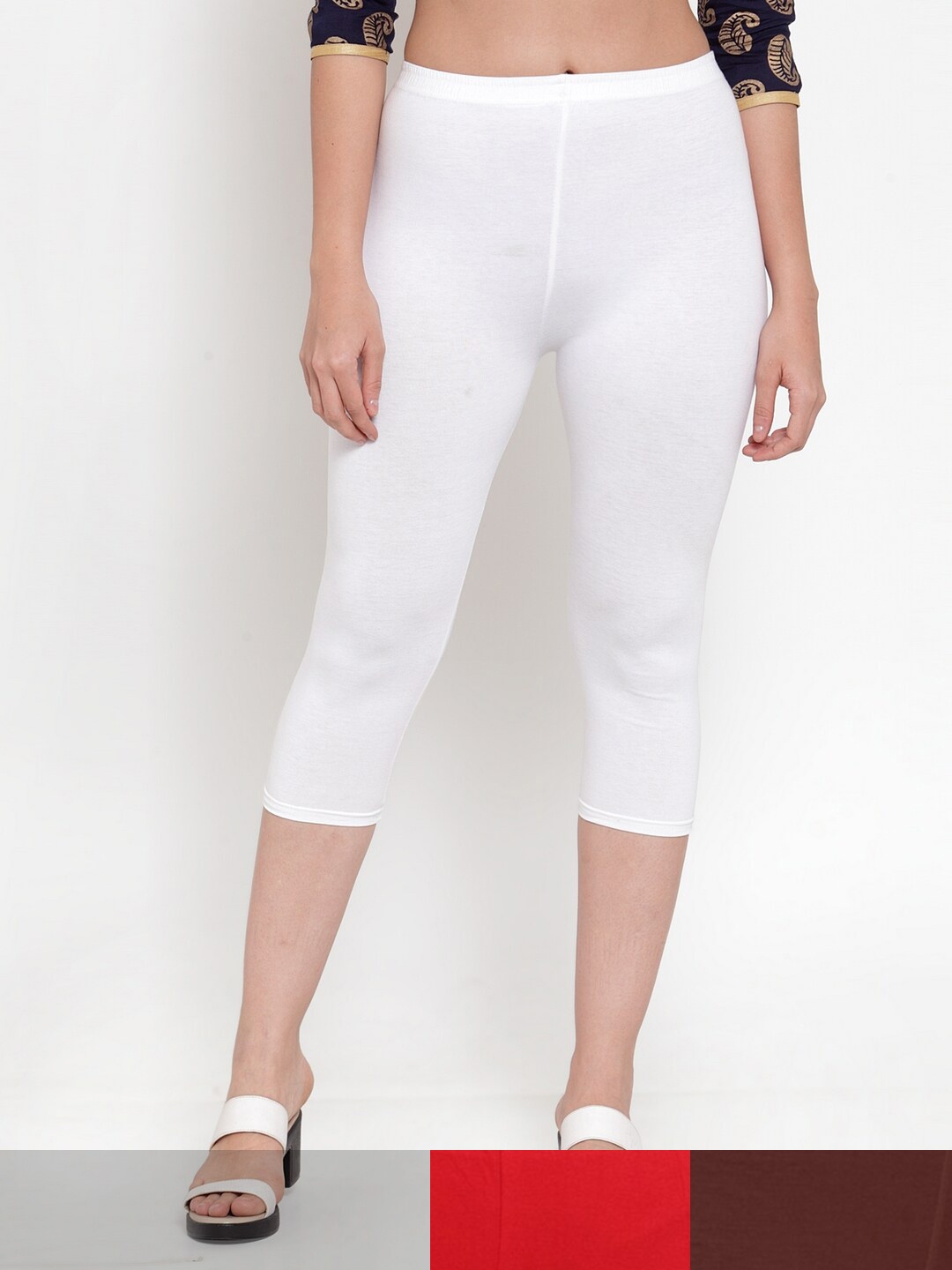 

Jinfo Women White & Red Pack of 3 Cotton Capris