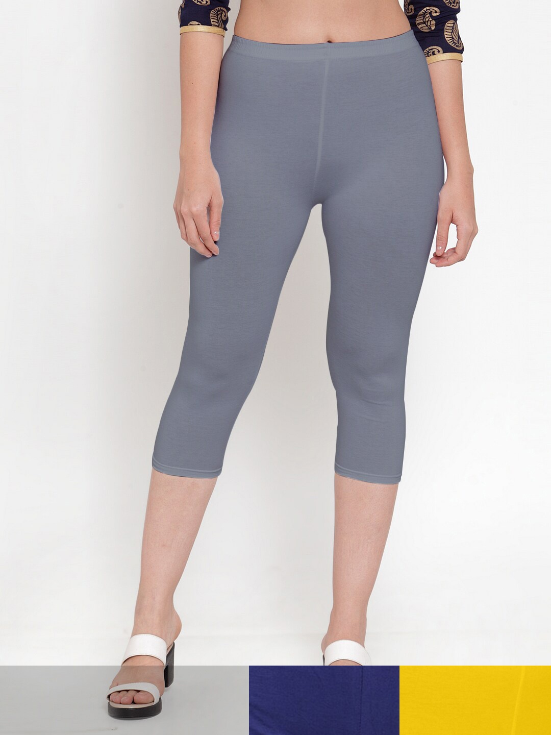 

Jinfo Women Grey & Blue Pack of 3 Cotton Capris