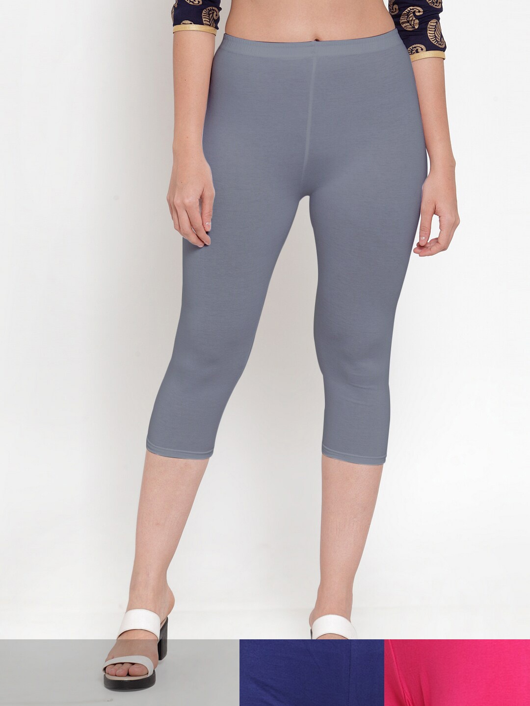 Jinfo Women Grey & Blue Pack of 3 Cotton Solid Capris