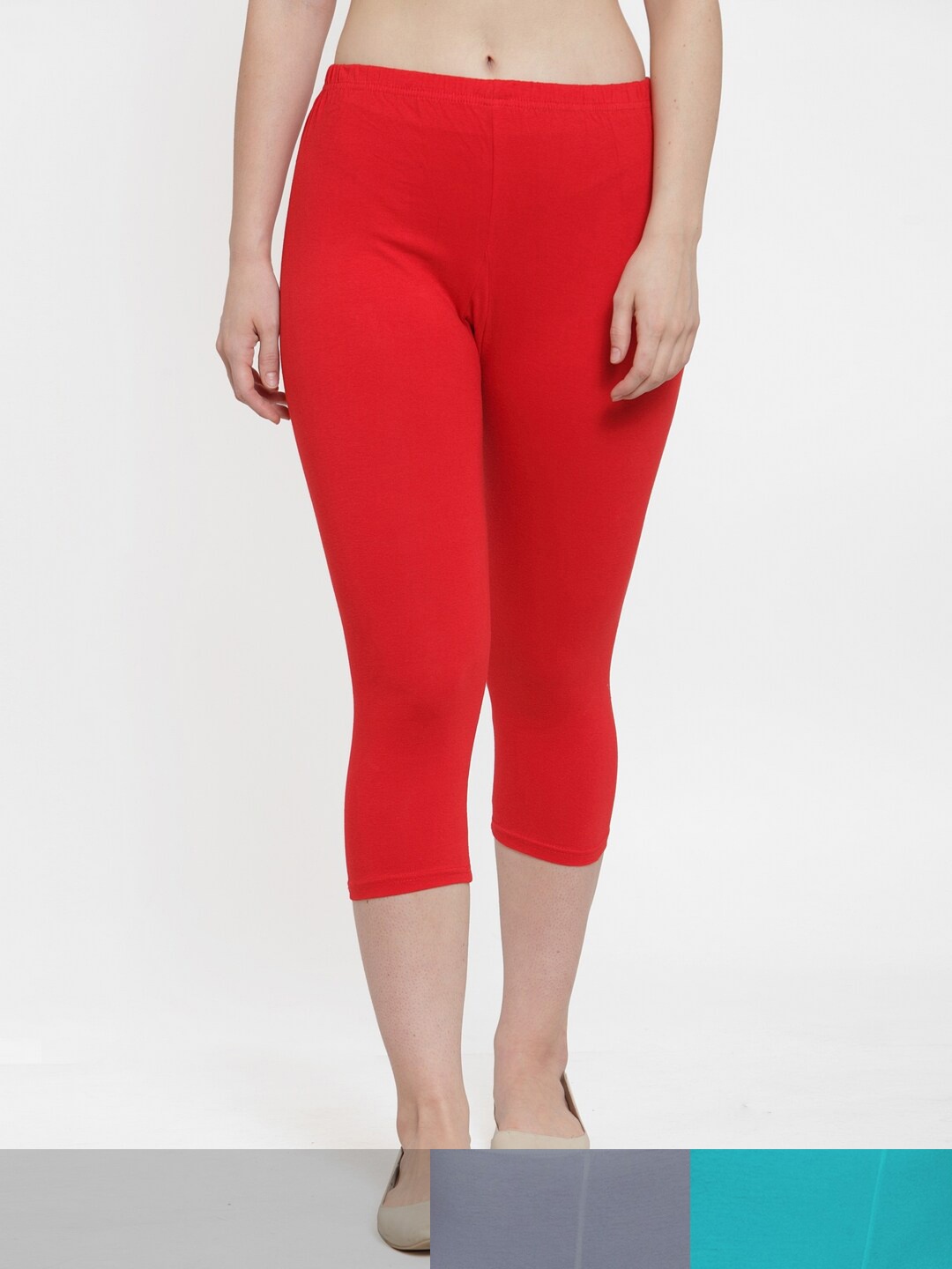 

Jinfo Women Red & Grey Pack of 3 Cotton Solid Capris