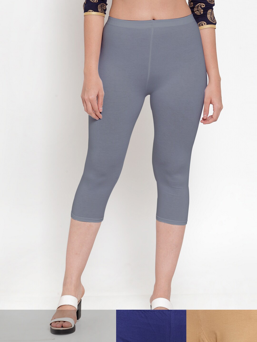 

Jinfo Women Grey & Nude-Coloured Pack of 3 Cotton Solid Capris