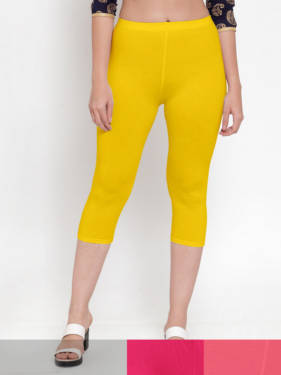 

Jinfo Women Yellow & Pink Pack of 3 Cotton Capris