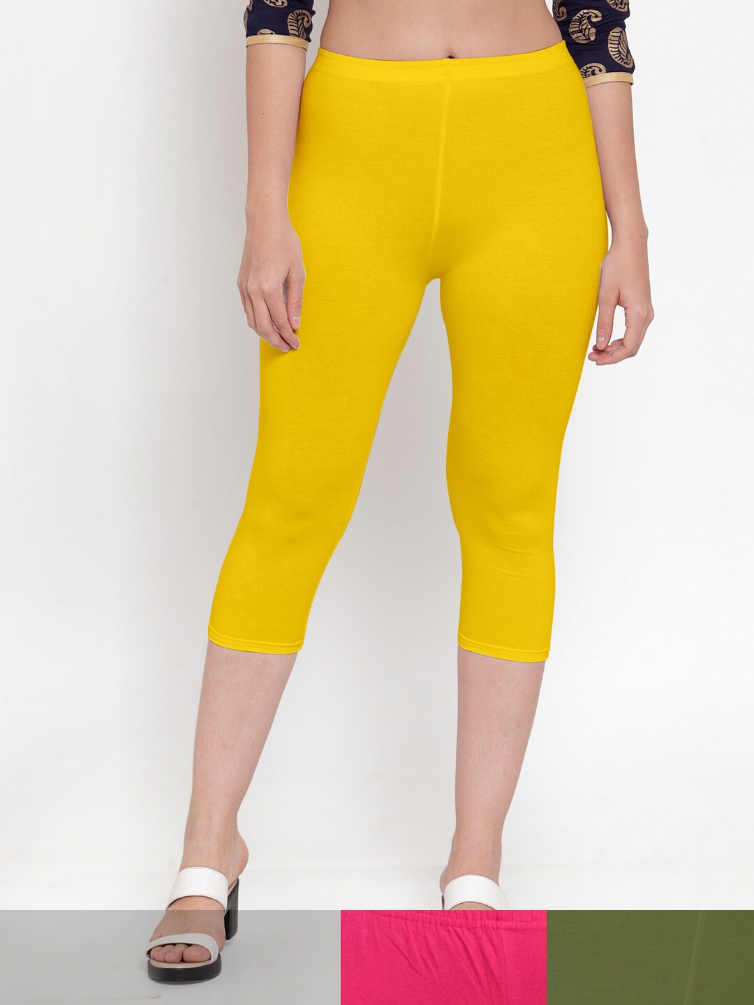 

Jinfo Women Yellow & Pink Pack of 3 Cotton Capris
