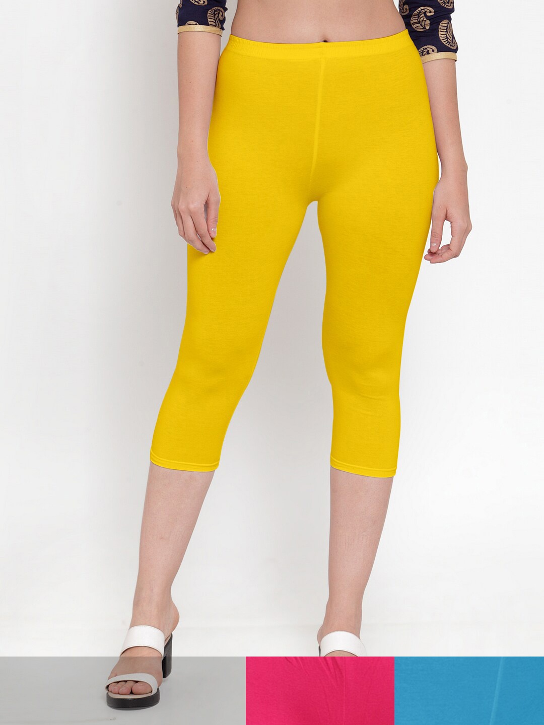 

Jinfo Women Pack of 3 Cotton Solid Capris, Yellow