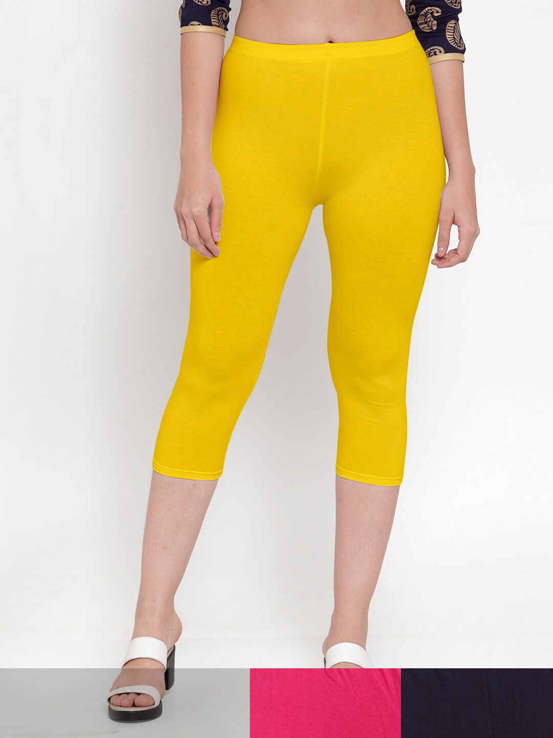 

Jinfo Women Yellow & Pink Pack of 3 Cotton Solid Capris