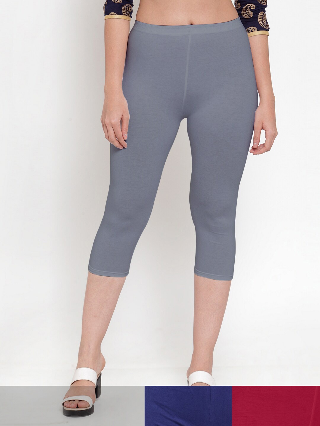 

Jinfo Women Grey & Blue Pack of 3 Cotton Solid Capris