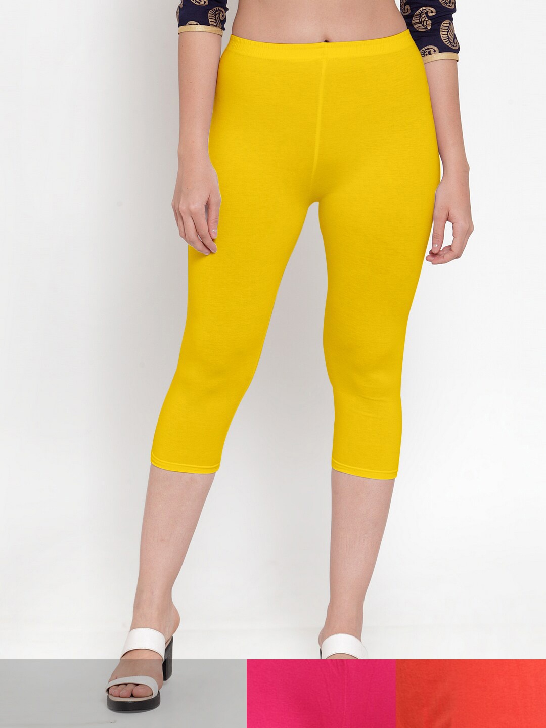

Jinfo Women Yellow & Pink Pack of 3 Cotton Solid Capris