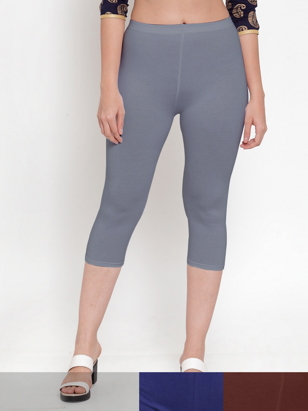 

Jinfo Women Grey & Blue Pack of 2 Cotton Solid Capris