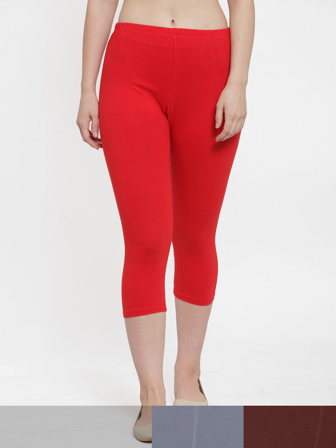 

Jinfo Women Red & Grey Pack of 3 Cotton Solid Capris