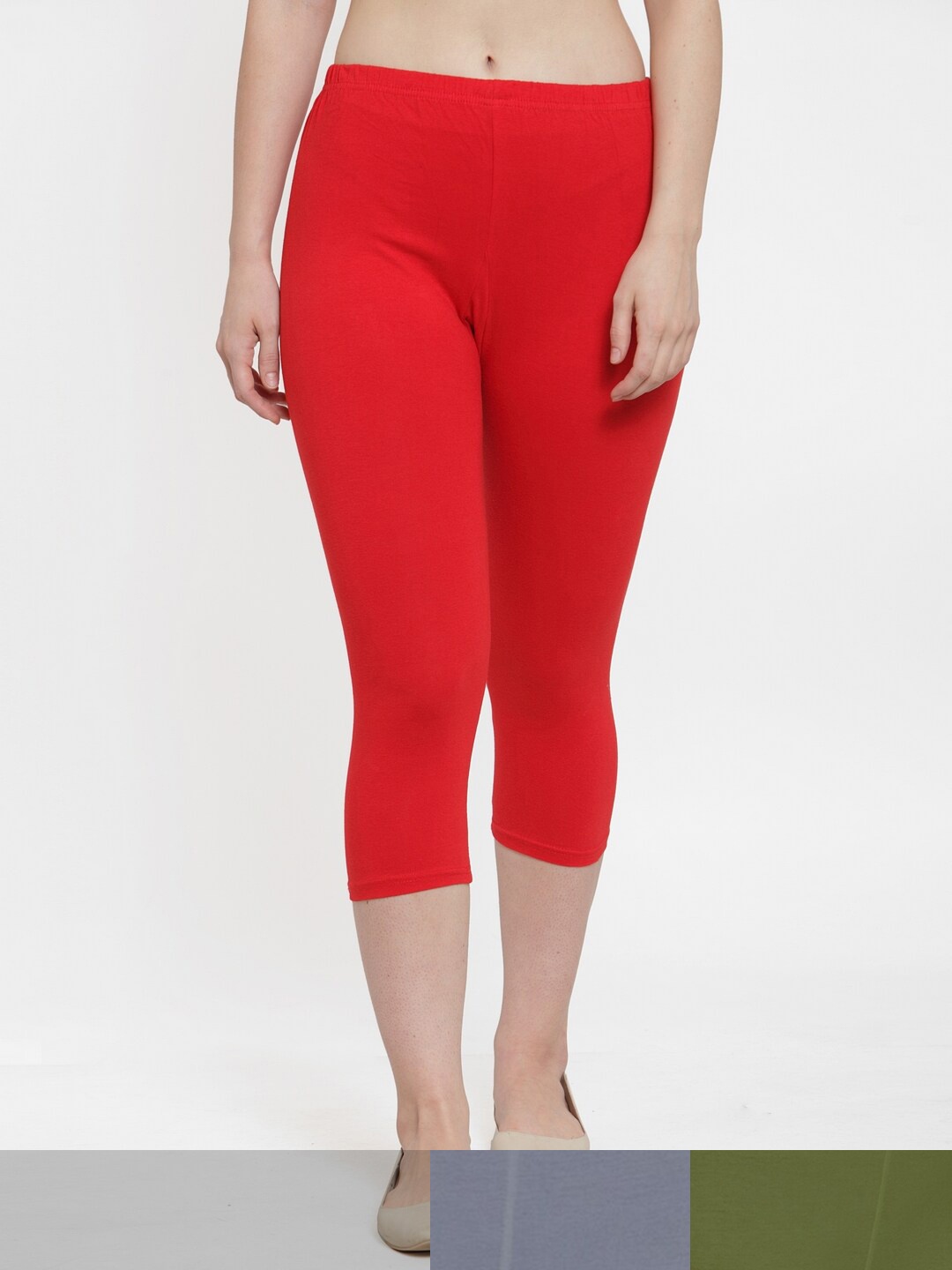 

Jinfo Women Red & Grey Pack of 3 Cotton Solid Capris