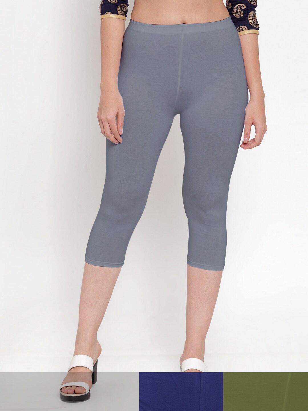 

Jinfo Women Grey & Blue Pack of 3 Cotton Solid Capris