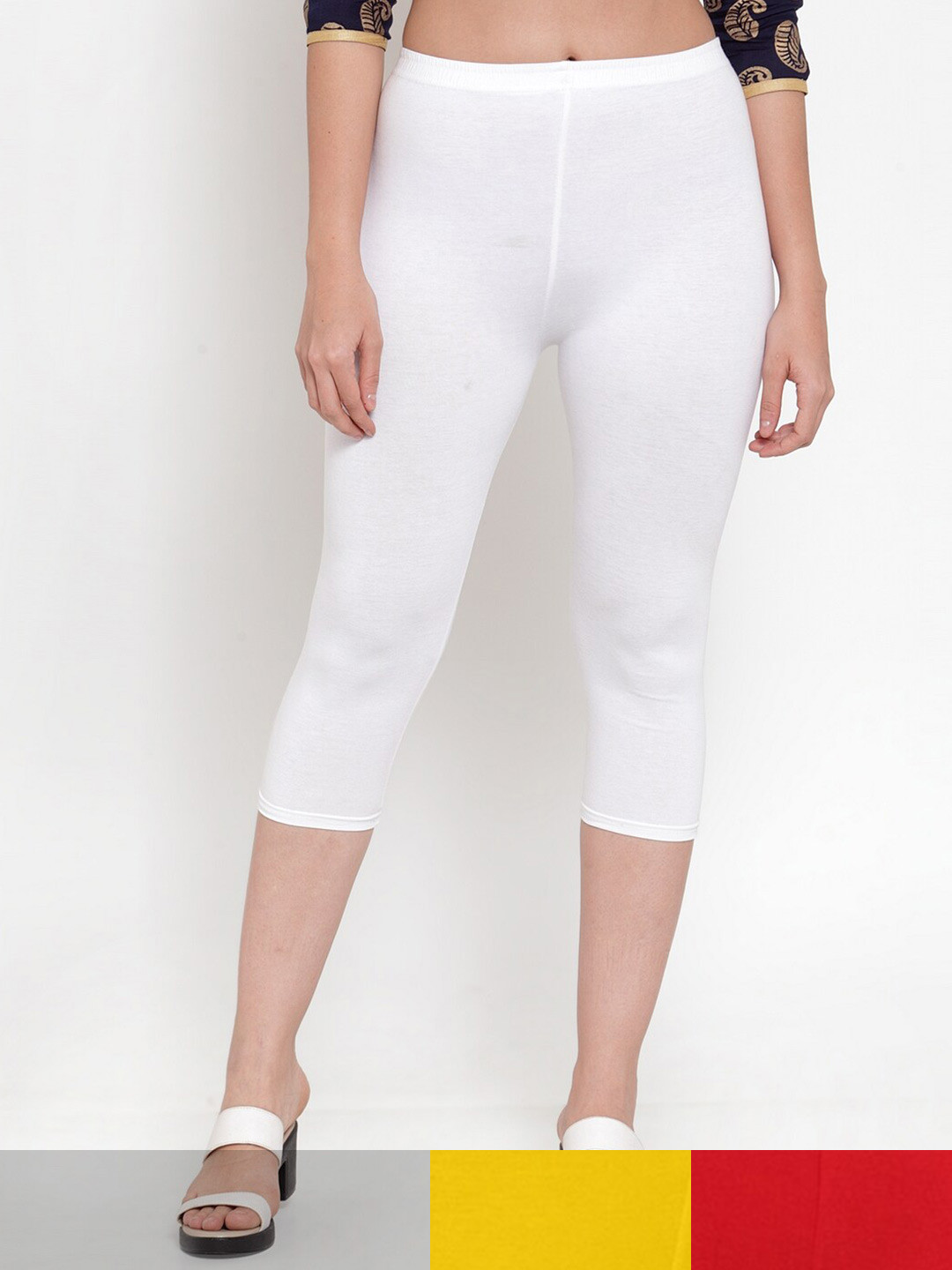 

Jinfo Women White & Red Pack of 3 Cotton Solid Capris