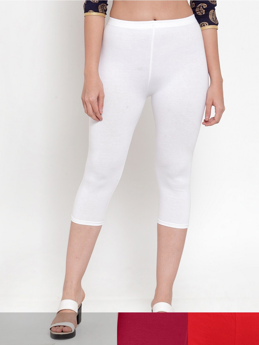 

Jinfo Women White & Red Pack of 3 Cotton Solid Capris