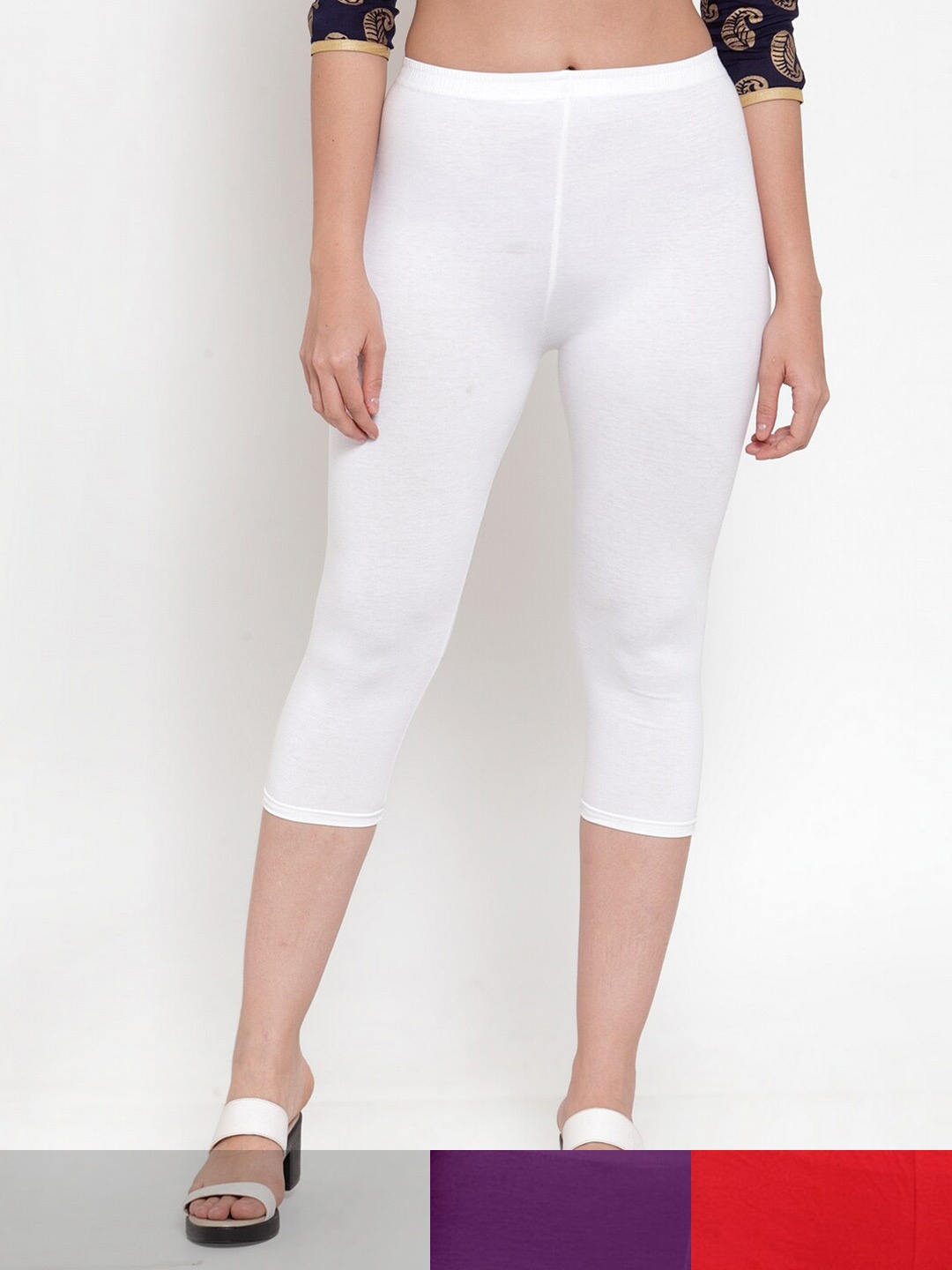 

Jinfo Women White & Purple Pack of 3 Cotton Solid Capris