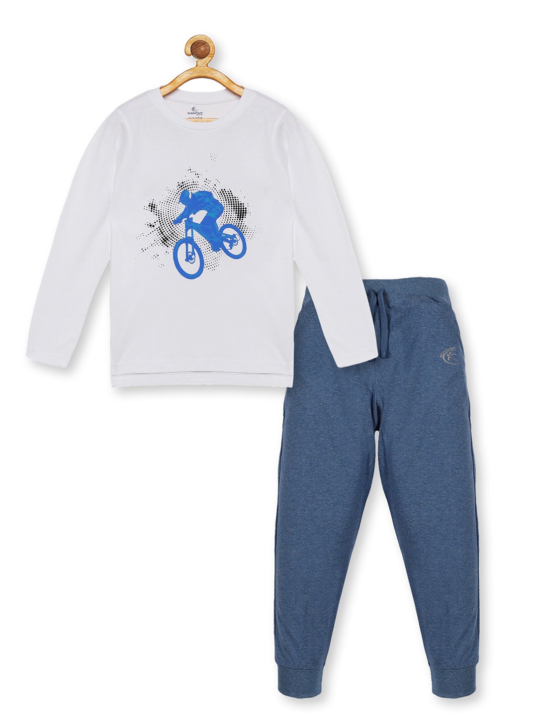 

KiddoPanti Boys White & Blue Printed Pure Cotton T-shirt with Trousers