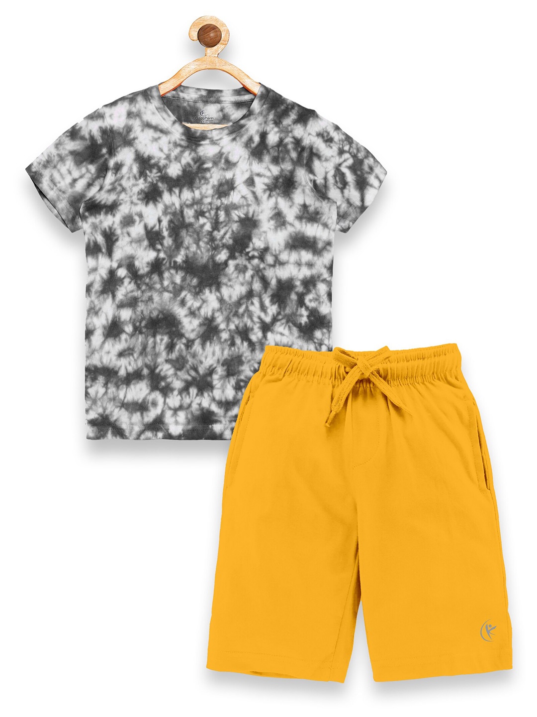 KiddoPanti Boys Black & Mustard Printed Pure Cotton T-shirt with Shorts