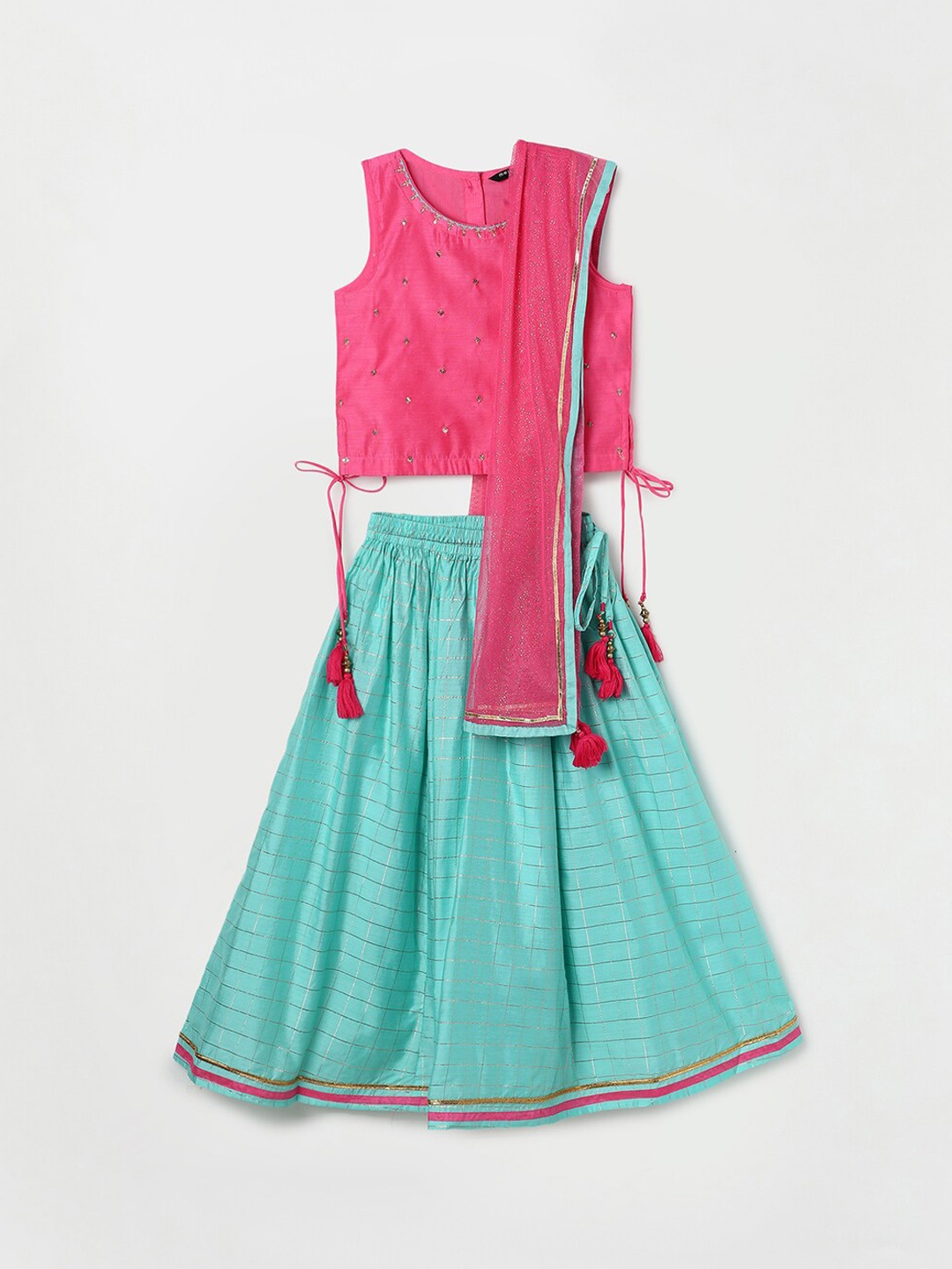 

Melange by Lifestyle Girls Teal & Pink Embellished Ready to Wear Lehenga & Blouse With Dupatta