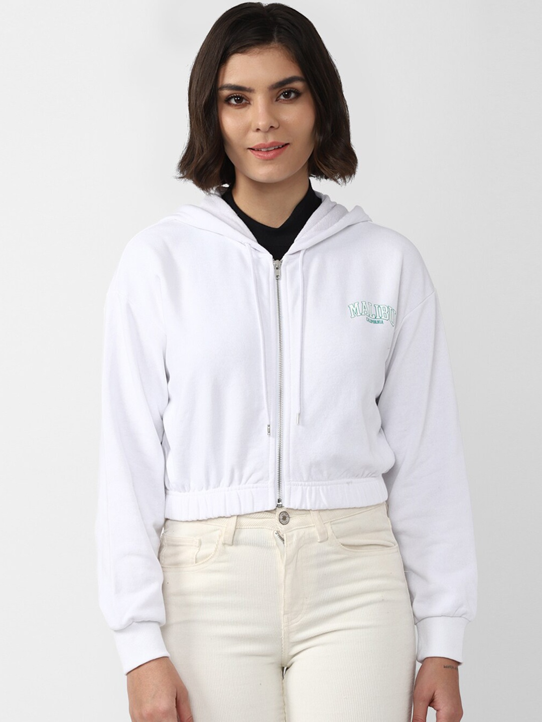 

FOREVER 21 Women White Solid Cotton Hooded Crop Bomber Jacket