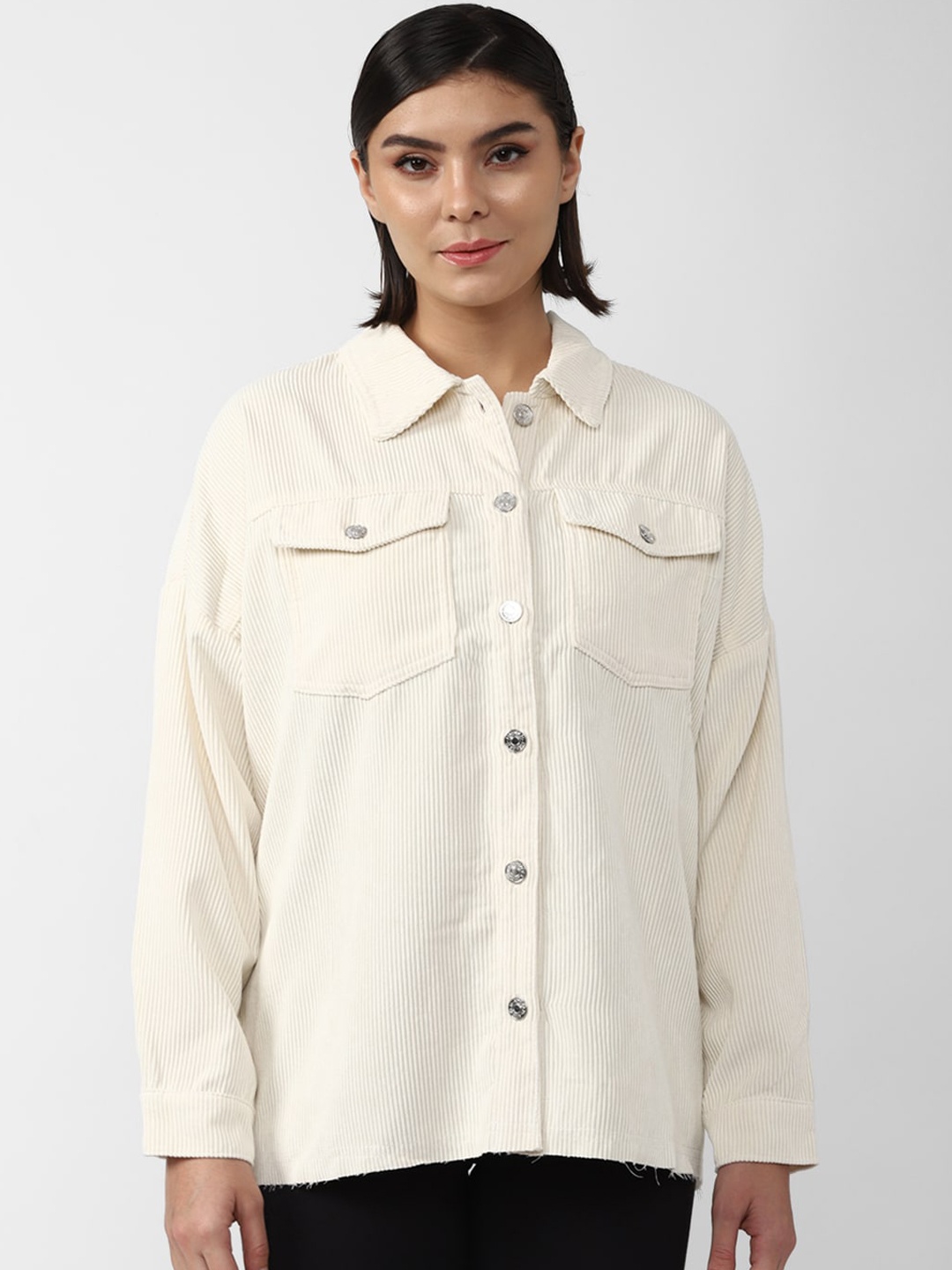 

FOREVER 21 Women Cream Solid Spread Collar Tailored Jacket