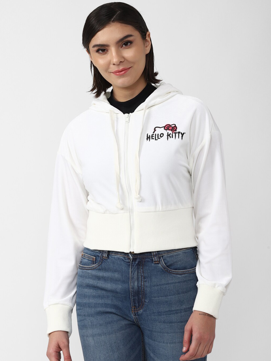 

FOREVER 21 Women White Printed Hooded Crop Bomber Jacket