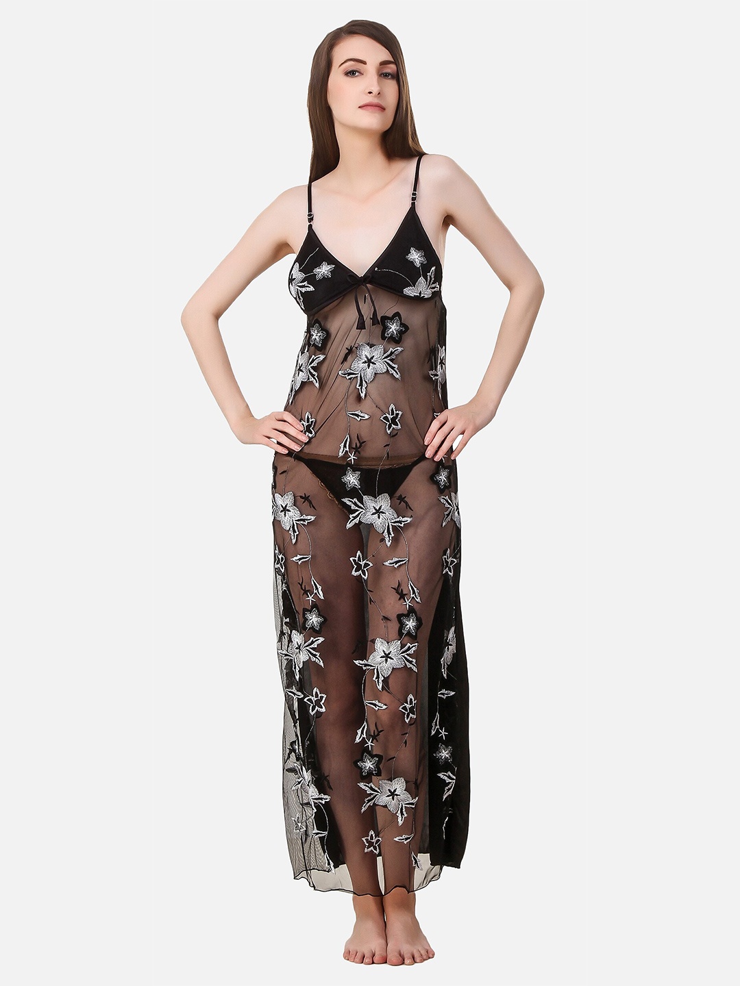 StyFun Black Embroidered Maxi Nightdress