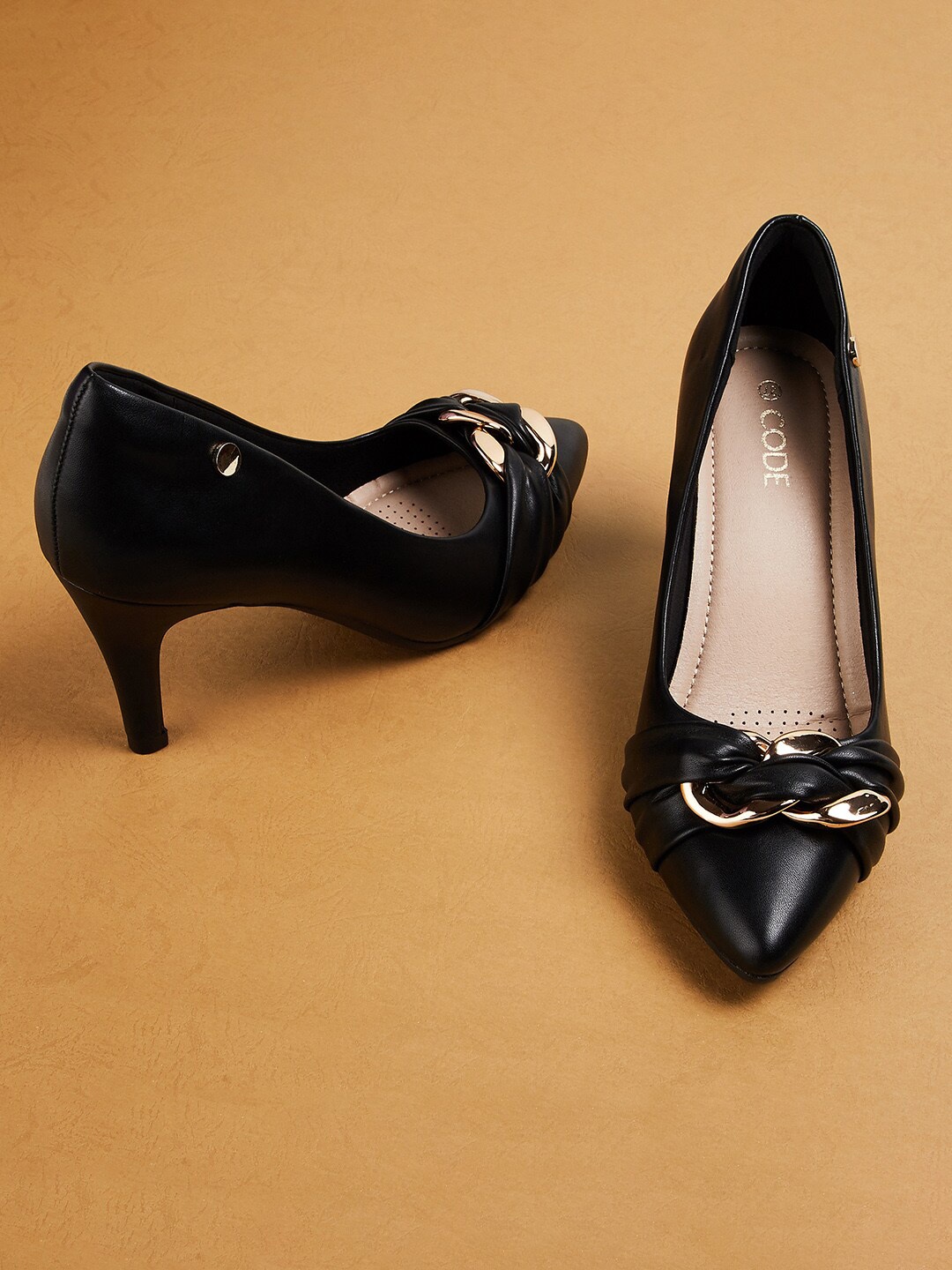 

CODE by Lifestyle Women Black & Gold-Toned Textured Party Stiletto Pumps with Bows