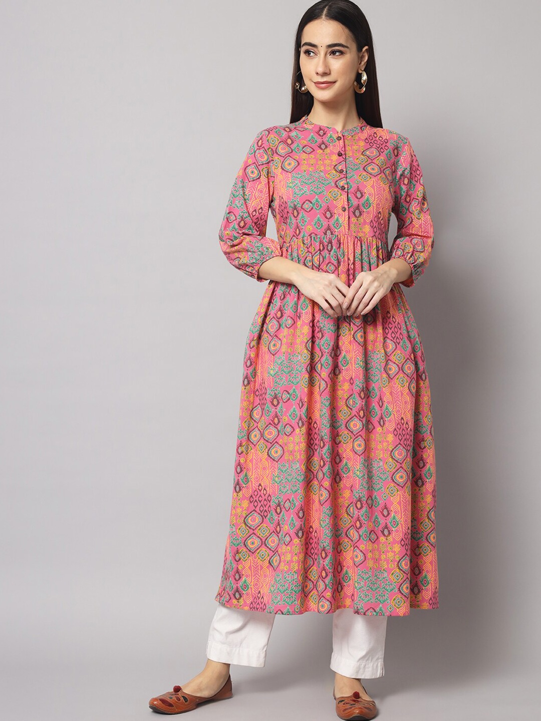 

Sutidora Women Pink & Yellow Ethnic Motifs Printed Cotton Kurta