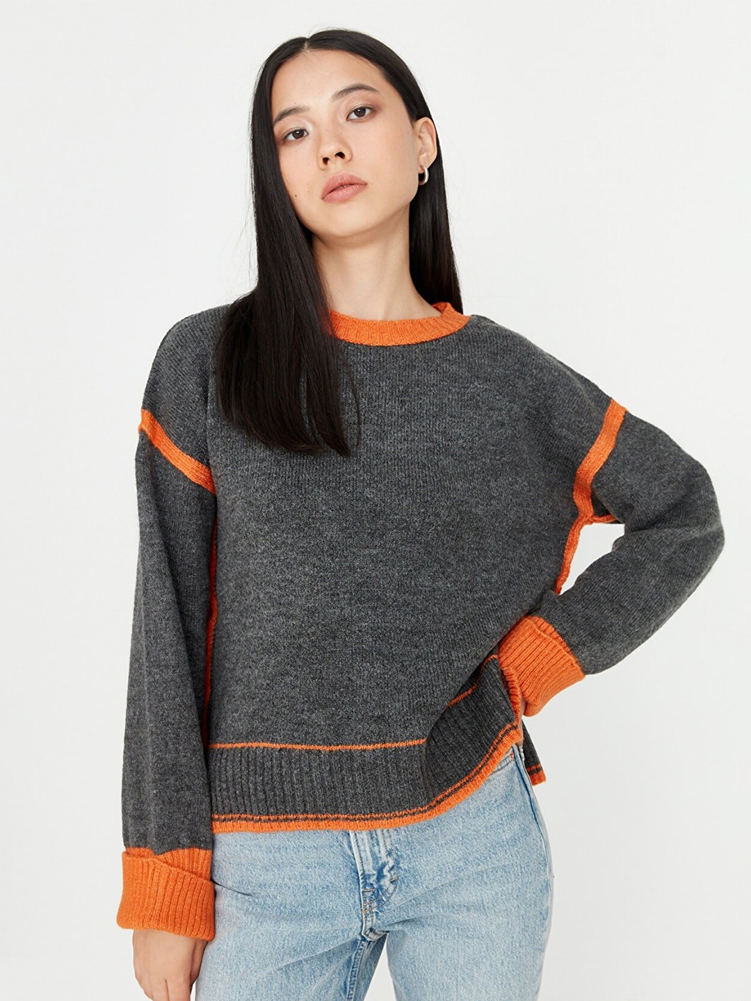 

Trendyol Women Charcoal & Orange Round Neck Acrylic Pullover